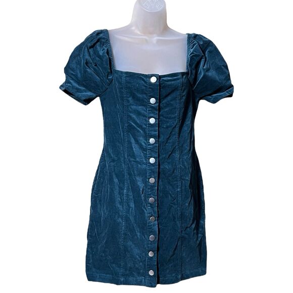 NWT Forever21 Teal Velvet Mini Dress Puff Sleeve Sz M Milkmaid Whimsical Fairy - Picture 1 of 10